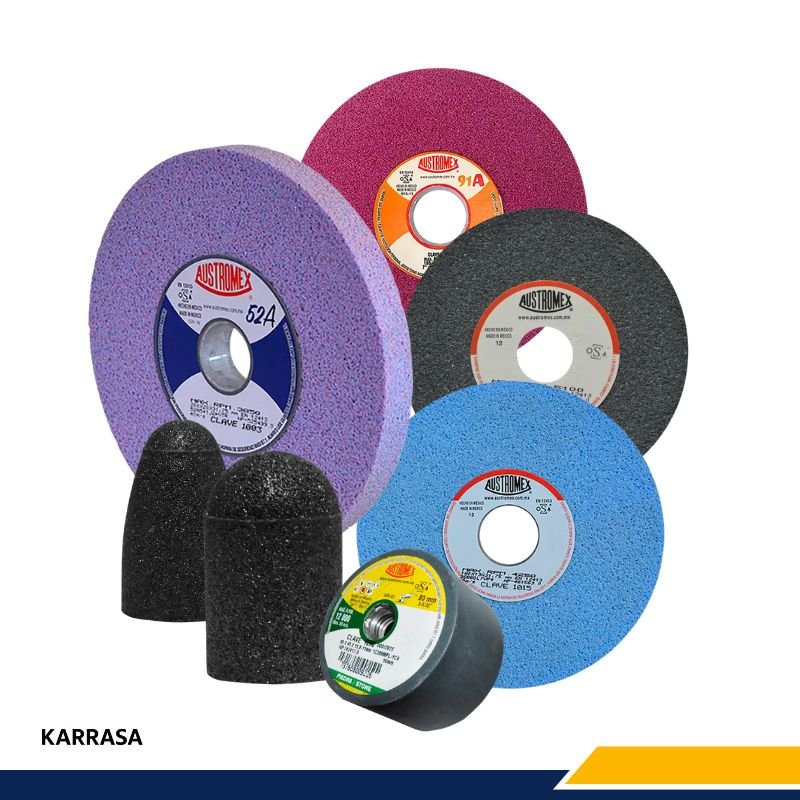 Surtido de refacciones Austromex, incluyendo discos abrasivos y puntas, esenciales como accesorios para herramientas de construcción.