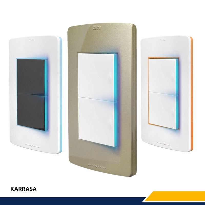 Imagen de tres apagadores de luz modernos con iluminación ambiental LED en colores negro, dorado y blanco, marca Illux, disponibles en Karrasa.