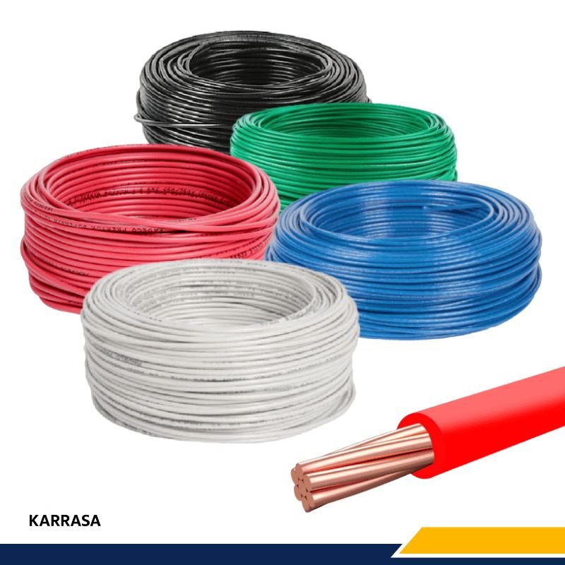Cable electrico THW colores rojo, azul, verde, blanco y negro Karrasa. Sección transversal de cable de cobre.