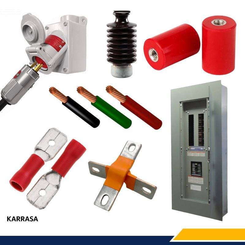 Elementos clave para la instalación distribución eléctrica: interruptor termomagnético, aislador, cables y terminales. Materiales eléctricos Karrasa.