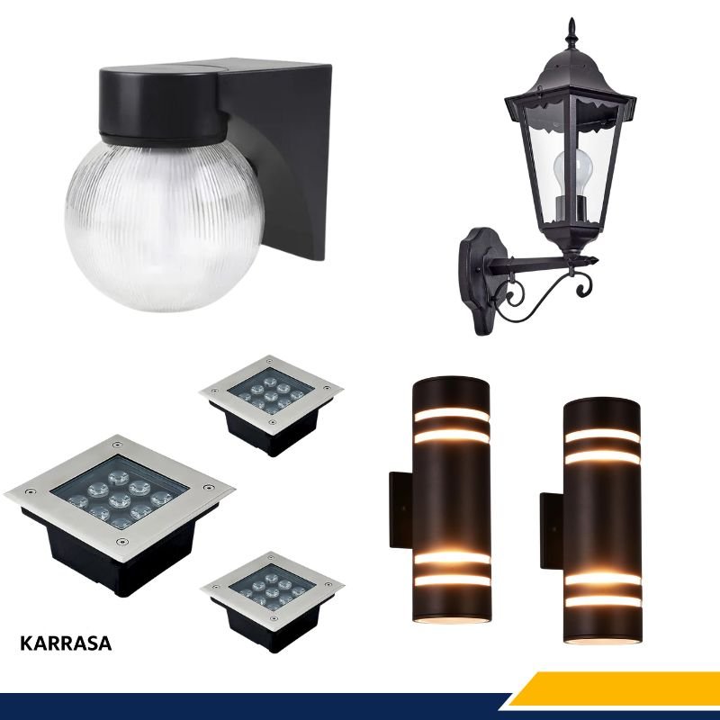 Múltiples lámparas de exterior: farol clásico, apliques modernos y luces empotrables para jardín y fachada.