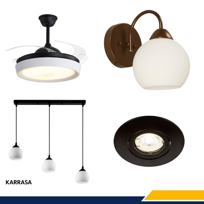 Diferentes tipos de iluminación para interiores: ventilador de techo con luz LED, aplique de pared, lámpara colgante triple y foco empotrable. Karrasa.