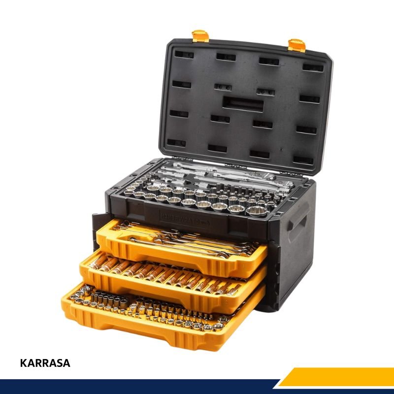 Juego de herramientas manuales Gearwrench de 243 piezas en maletín negro y amarillo, ideal para trabajos de construcción.