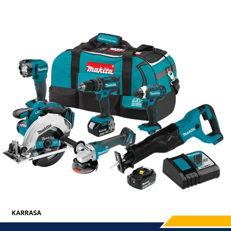 Kit de herramientas de poder Makita incluye taladro, sierra circular, amoladora, sierra de vaivén, lámpara y baterías para proyectos de construcción.