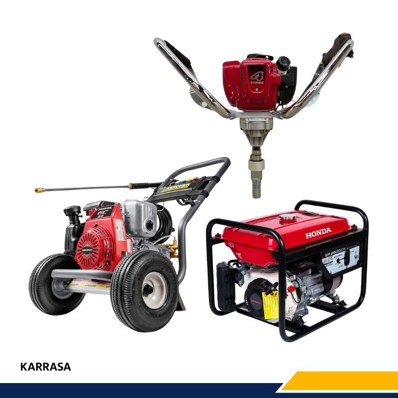Múltiples máquinas a gasolina Honda, incluyendo hidrolavadora, generador y compactadora, ideales para la construcción.