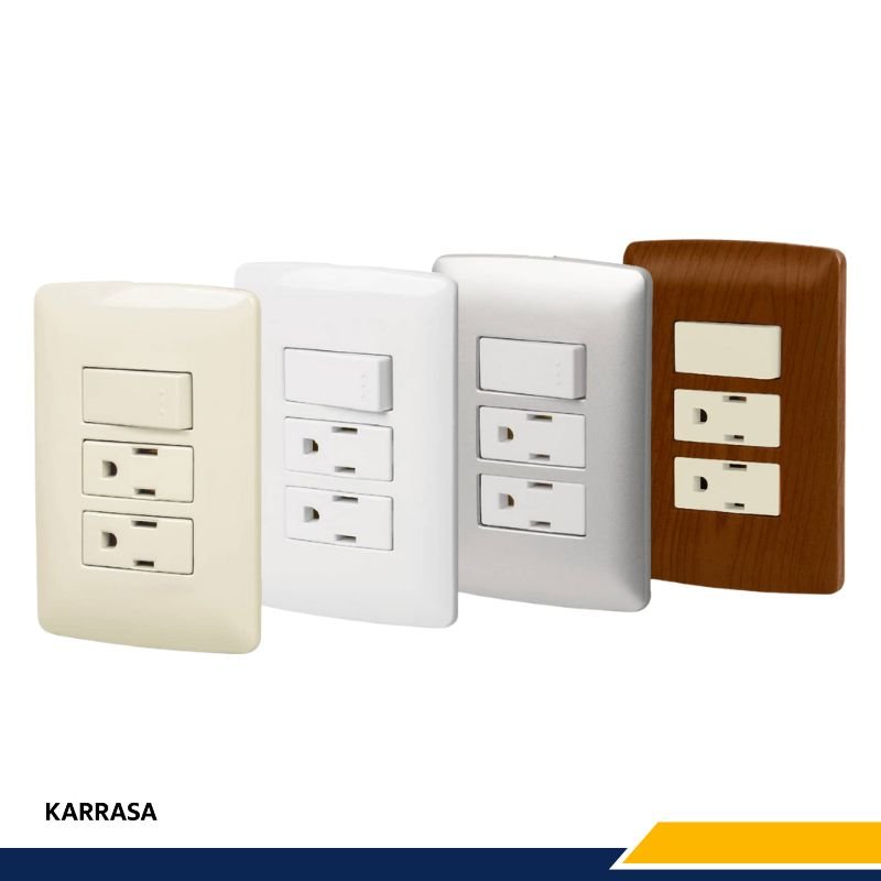 Placas armadas de pared con dos contactos y un interruptor en colores blanco, beige, gris y madera.