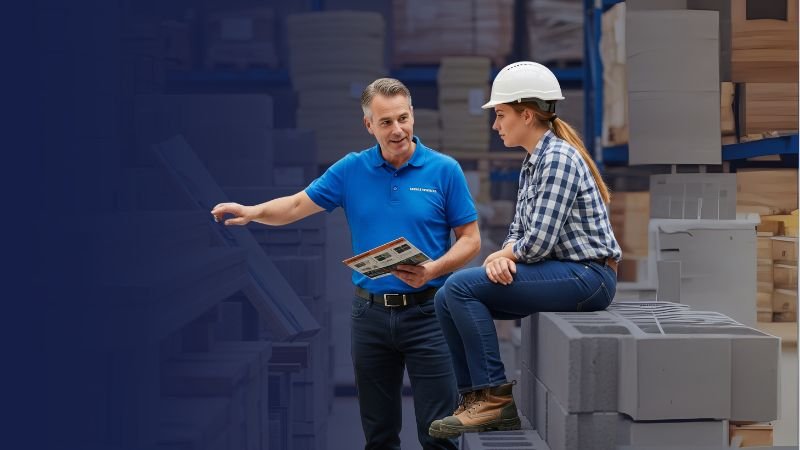 Ingeniero en obra recibiendo asesoría técnica de distribuidores de materiales de construcción