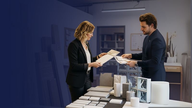 Arquitecto en obra buscando materiales de construcción importados para proyectos únicos