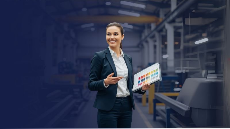Mujer en almacén revisando muestras para comprar pintura industrial al por mayor