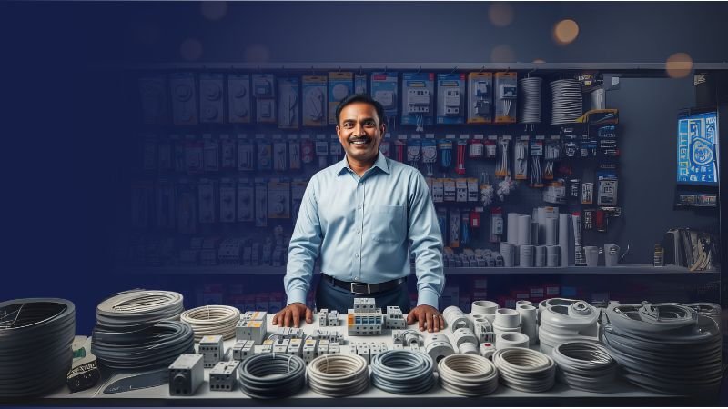 Experto en mostrador de distribuidor de material eléctrico Karrasa con cables y componentes a la vista.