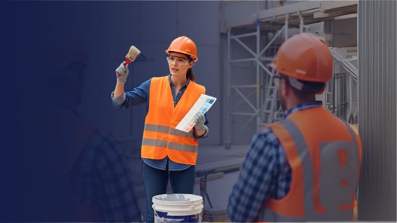 Ingeniero en obra recibiendo asesoría técnica y capacitación para aplicación de pintura