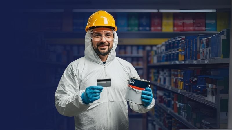 Profesional de constructora investigando distribuidores de pintura con crédito y descuentos por volumen