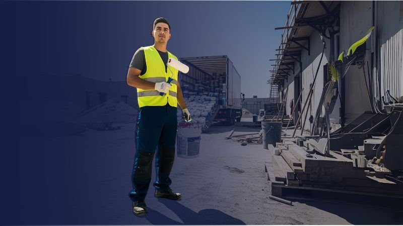 Trabajador de construcción recibiendo una entrega de pintura a gran volumen en su obra.