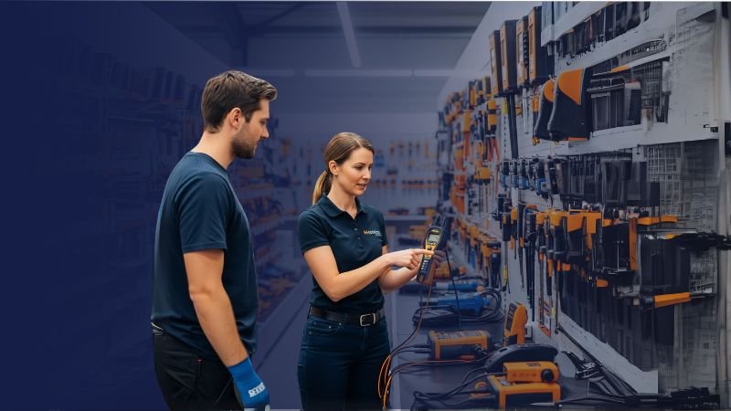 Asesora de Karrasa demostrando el uso de un multímetro digital de nuestro catálogo de equipo de medición eléctrica.