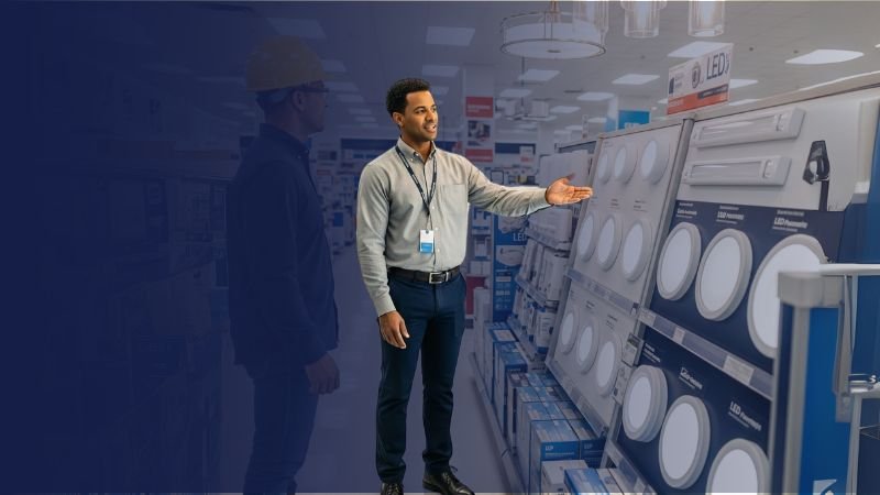 Asesor de Karrasa mostrando un catálogo de luminarias y paneles de iluminación LED para proyectos de construcción.