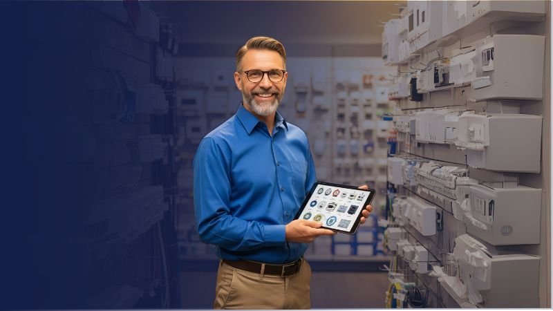 Asesor de Karrasa mostrando un catálogo digital de material eléctrico certificado en una tablet.