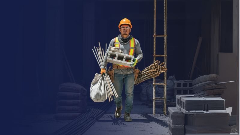 Profesional de construcción inspeccionando sitio, busca mayoristas de materiales con alta disponibilidad y entrega rápida