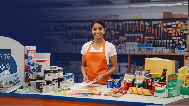Profesional de construcción en obra buscando mayoristas de pintura con marcas profesionales de alta calidad