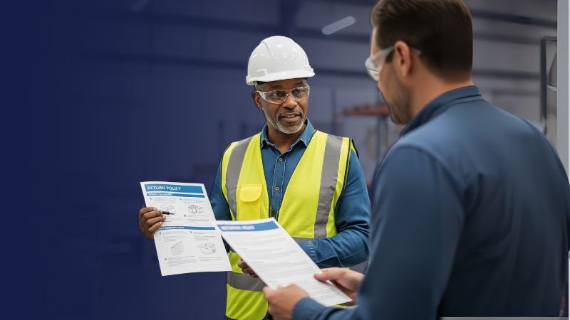 Profesional de construcción revisando materiales, conociendo políticas de devolución y garantía