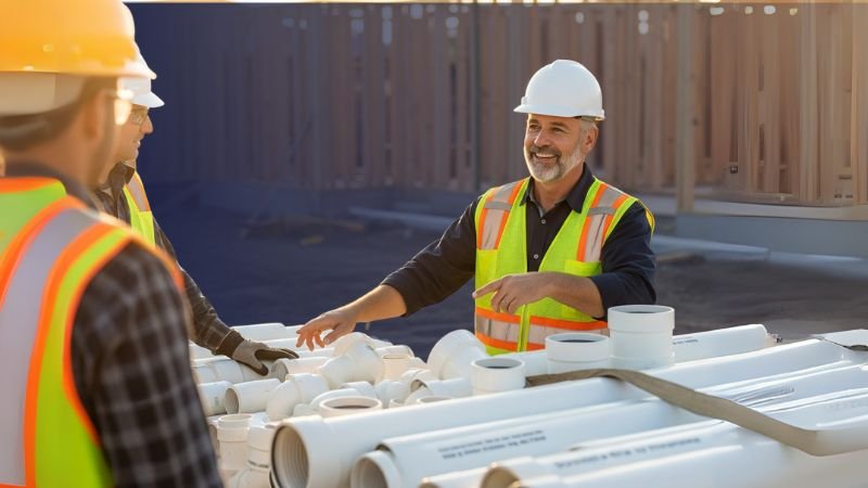 Supervisor de obra revisando una entrega de tubería PVC cédula 40 para cotizar el precio por mayoreo.