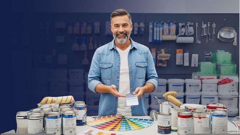 Profesional de construcción en obra consultando precios de mayoreo de pintura vinílica, esmalte e impermeabilizante
