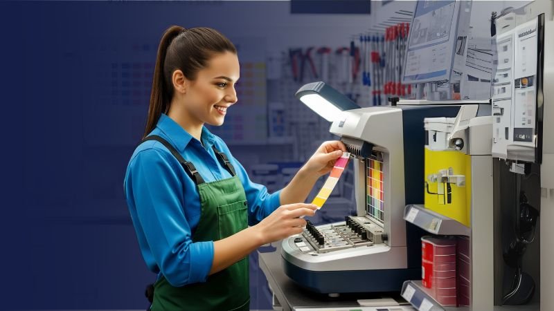 Especialista utilizando una máquina de igualación de color de pintura en una distribuidora.