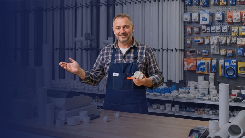 Asesor experto en mostrador de tienda de plomería, mostrando conexiones de tubería PVC sanitaria de un proveedor.