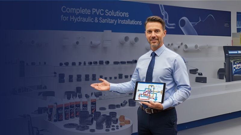 Experto de Karrasa mostrando una pantalla con un diseño de red, con tubería y conexiones de PVC para instalaciones hidráulicas y sanitarias de fondo.