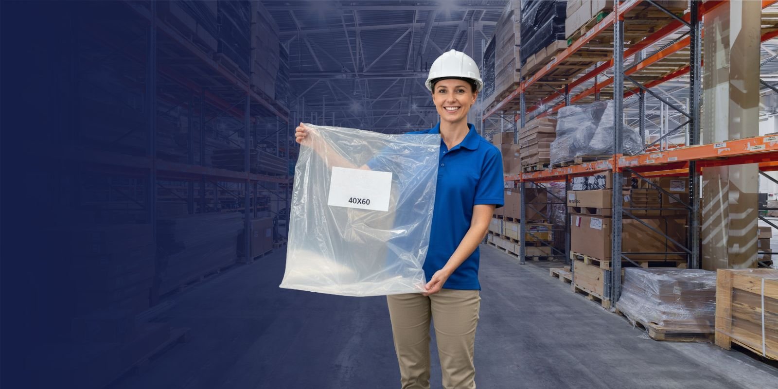 Mujer ingeniera o supervisora de Karrasa con casco, sonriendo y sosteniendo una bolsa de polietileno transparente de 40x60 calibre 400 en un almacén.