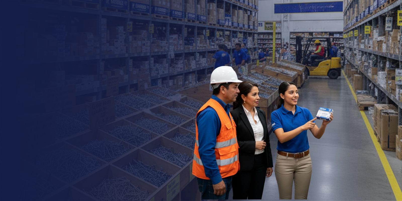 Asesora de Karrasa mostrando un paquete de clavos para concreto a dos clientes en un almacén con materiales de construcción.