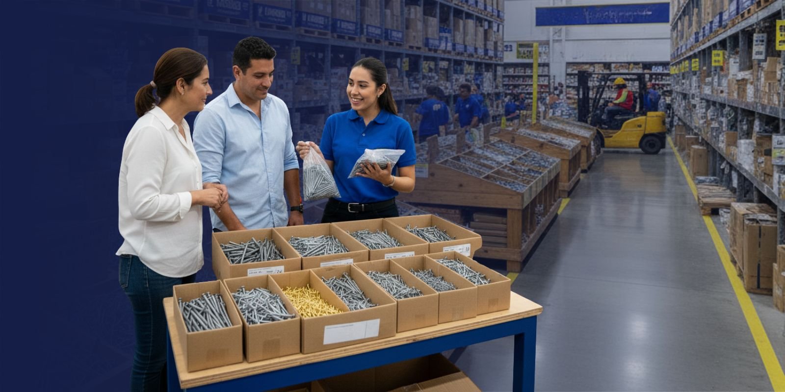 Asesora de Karrasa mostrando paquetes de clavos para madera a una pareja de clientes en un almacén de materiales.