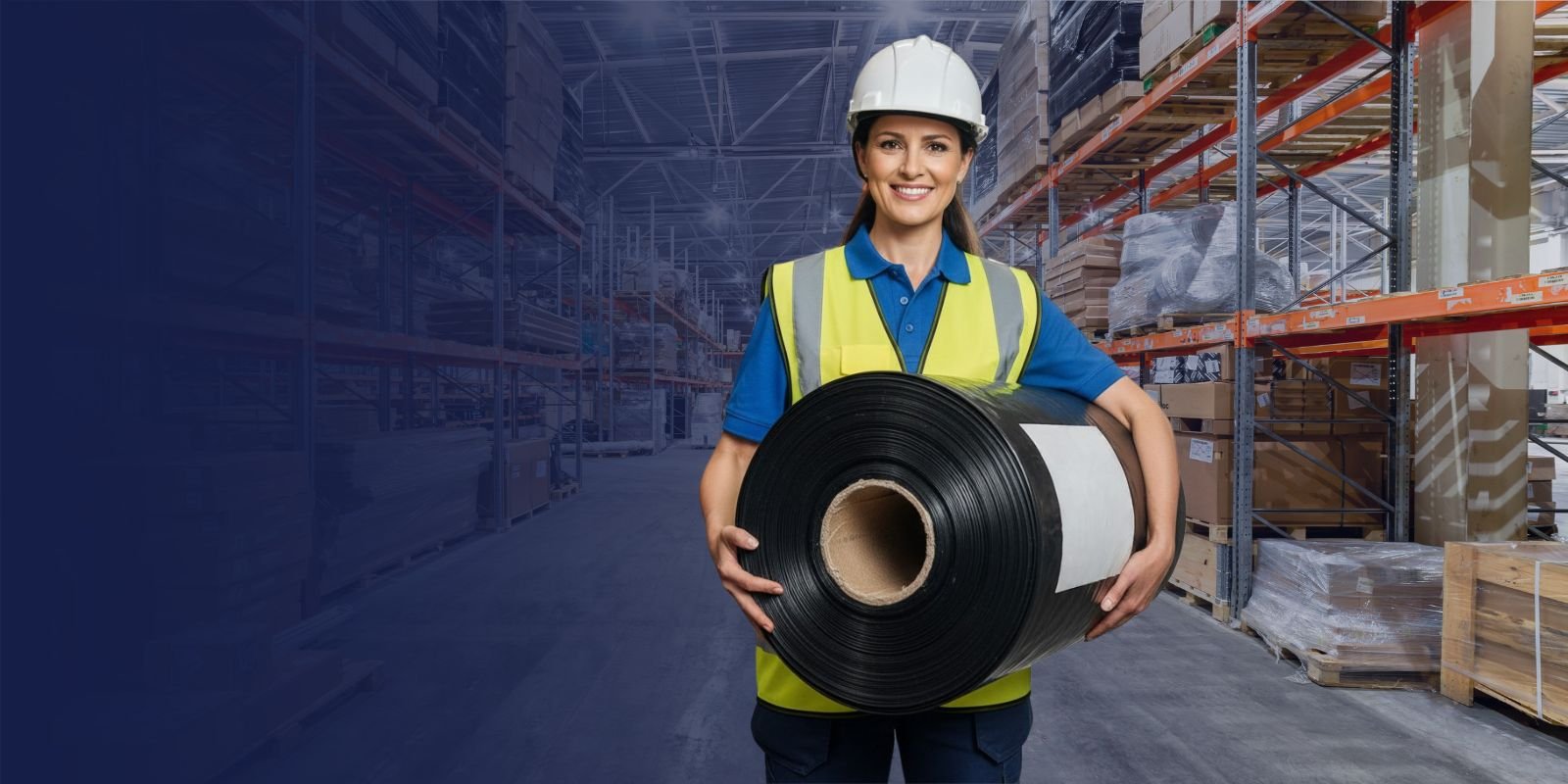 Mujer ingeniera de Karrasa con casco y chaleco, sonriendo mientras sostiene un rollo de polietileno negro industrial en un almacén.