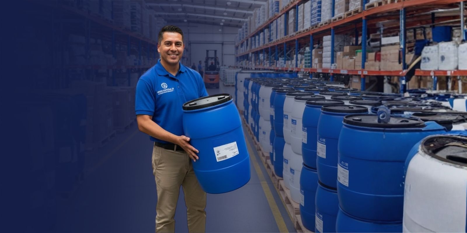 Asesor de Karrasa en un almacén, sosteniendo un bidón de plástico azul de 50 litros con tapa negra, rodeado de más bidones.