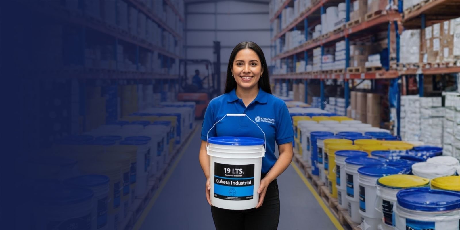 Empleada de Karrasa con uniforme azul, sosteniendo una cubeta industrial de 19 litros en un pasillo de almacén con botes apilados.