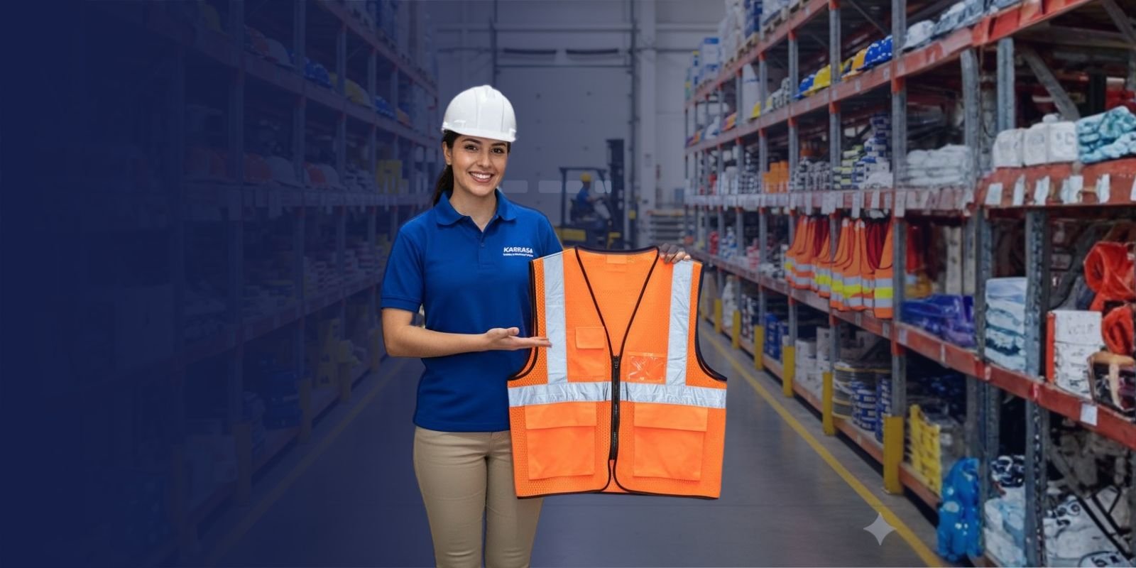 Empleada de Karrasa con casco blanco, mostrando un chaleco de seguridad industrial naranja de alta visibilidad en un pasillo de almacén.