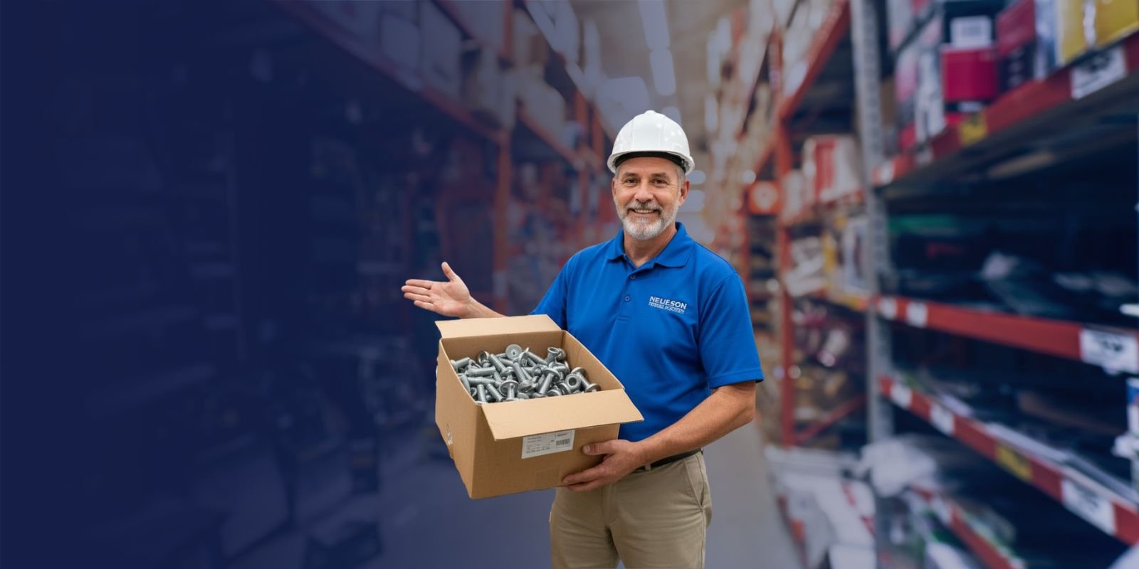 Asesor de Karrasa con casco blanco, mostrando una caja de pernos Nelson de soldadura para proyectos de construcción industrial.