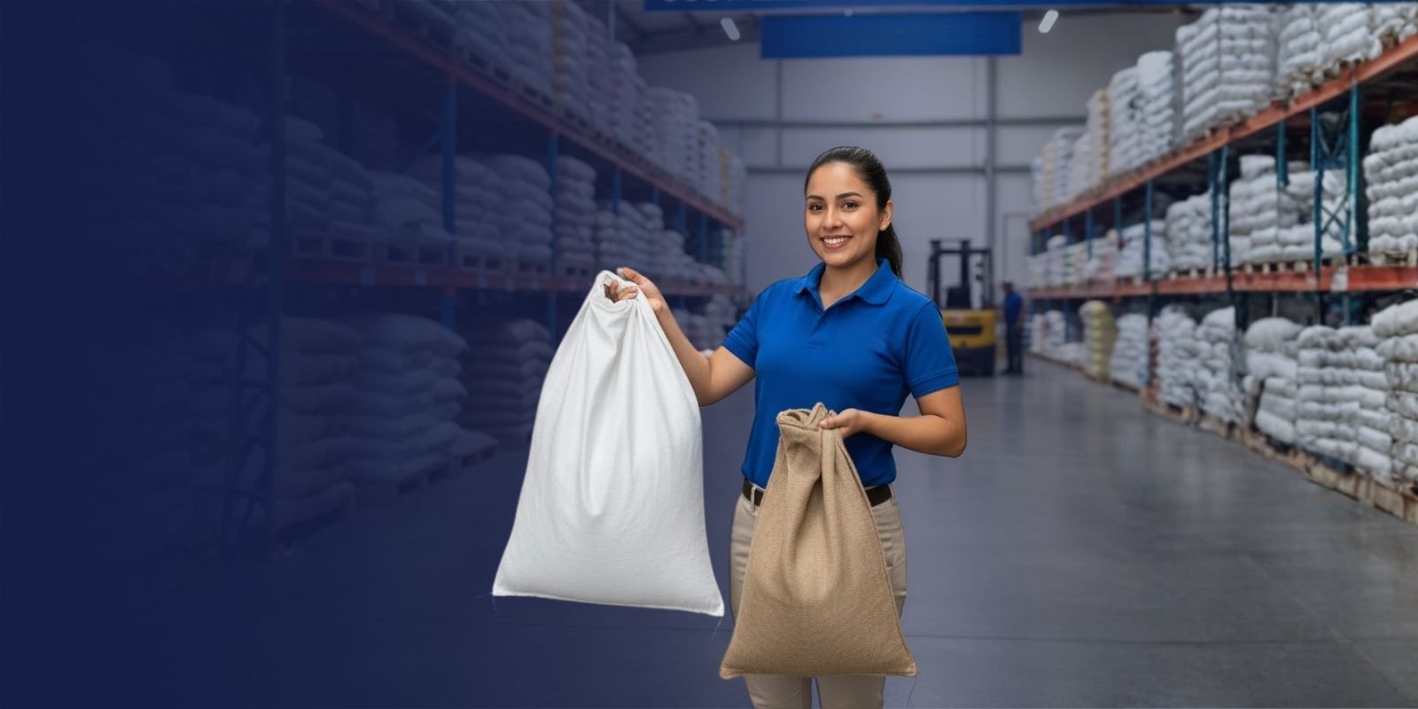 Empleada de Karrasa en un almacén, mostrando un costal de rafia blanco y uno de yute (polipropileno) para construcción.