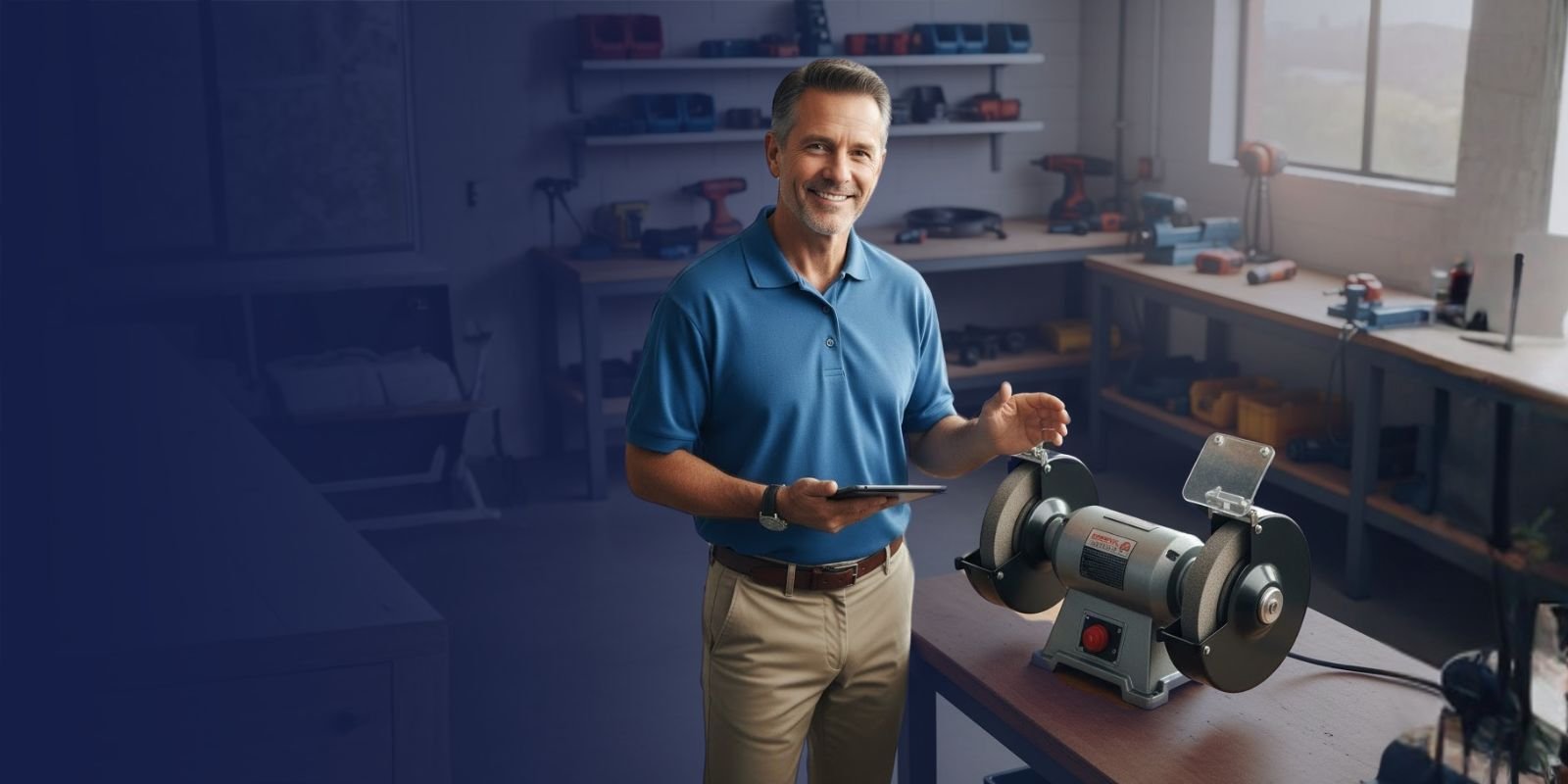 Asesor de Karrasa mostrando un taladro inalámbrico de 1/2 pulgada, herramienta que se vende en combo con la esmeriladora angular de 4 1/2, en un almacén ferretero.
