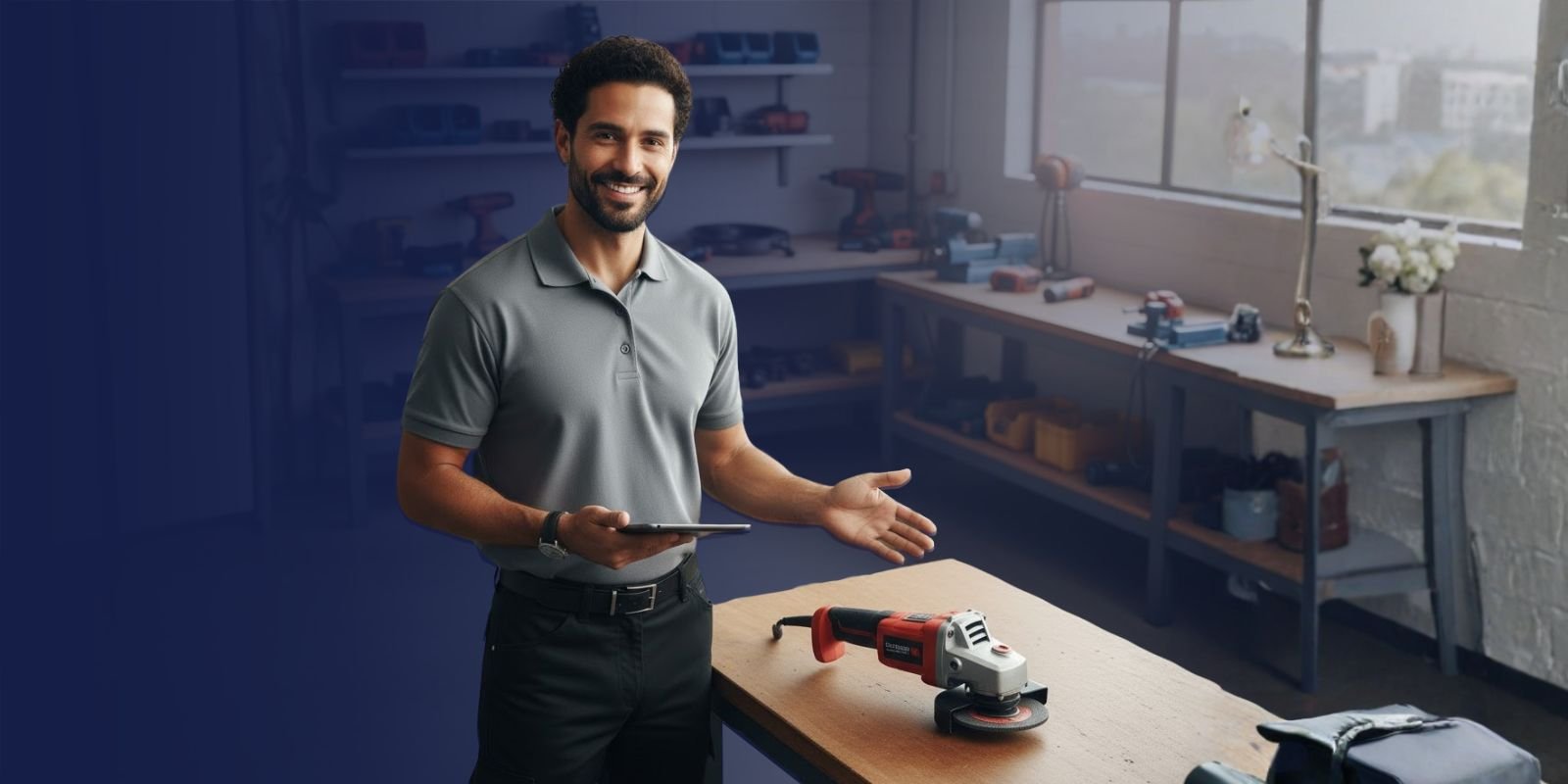 Asesor de Karrasa sonriente, sosteniendo un esmeril angular de 4.5 pulgadas (herramienta similar a la de 9") y señalando el inventario en un almacén.