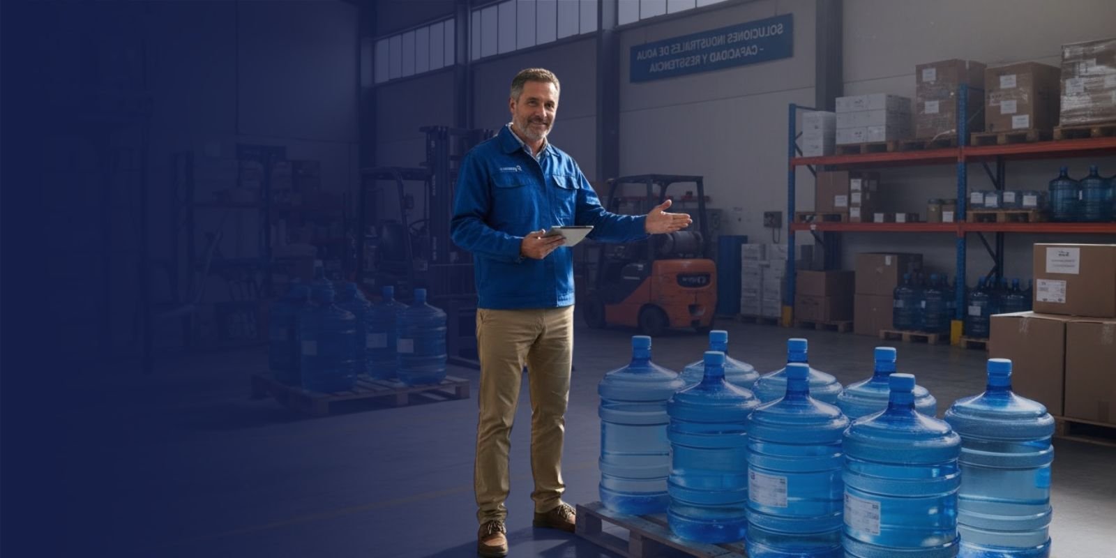 Asesor de Karrasa sosteniendo un barril de plástico azul de 50 litros con tapa negra en un almacén lleno de bidones apilados.