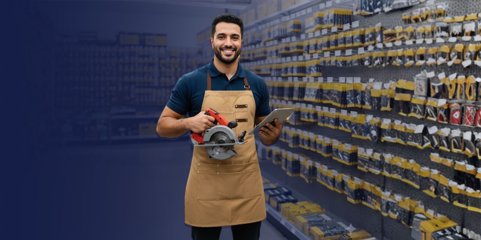 Asesor de Karrasa sonriendo, sosteniendo una sierra circular inalámbrica en un pasillo de ferretería con exhibición de herramientas.