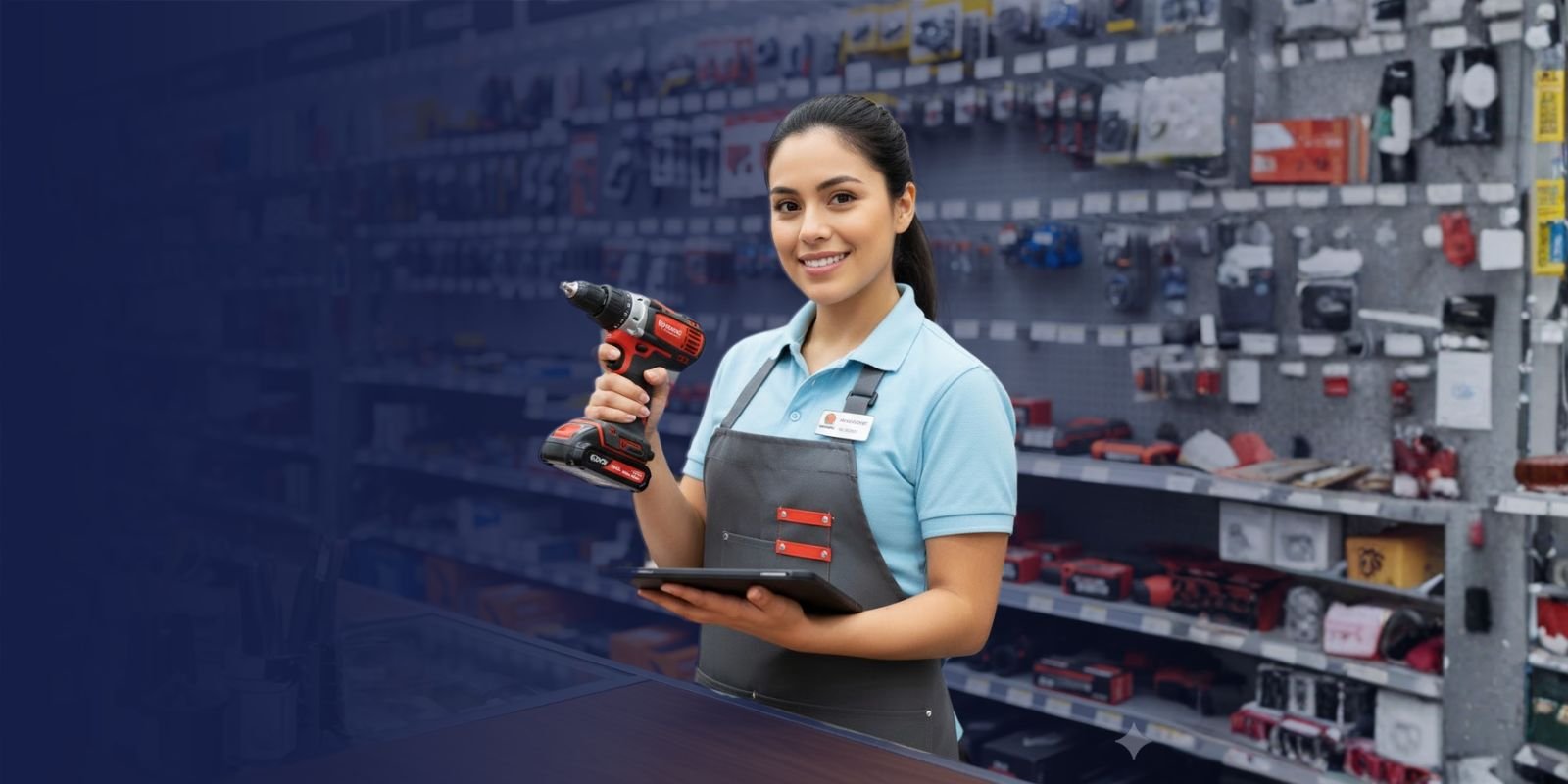 Asesor de ventas de Karrasa sonriendo, sosteniendo un taladro inalámbrico y una tablet en un pasillo de ferretería.