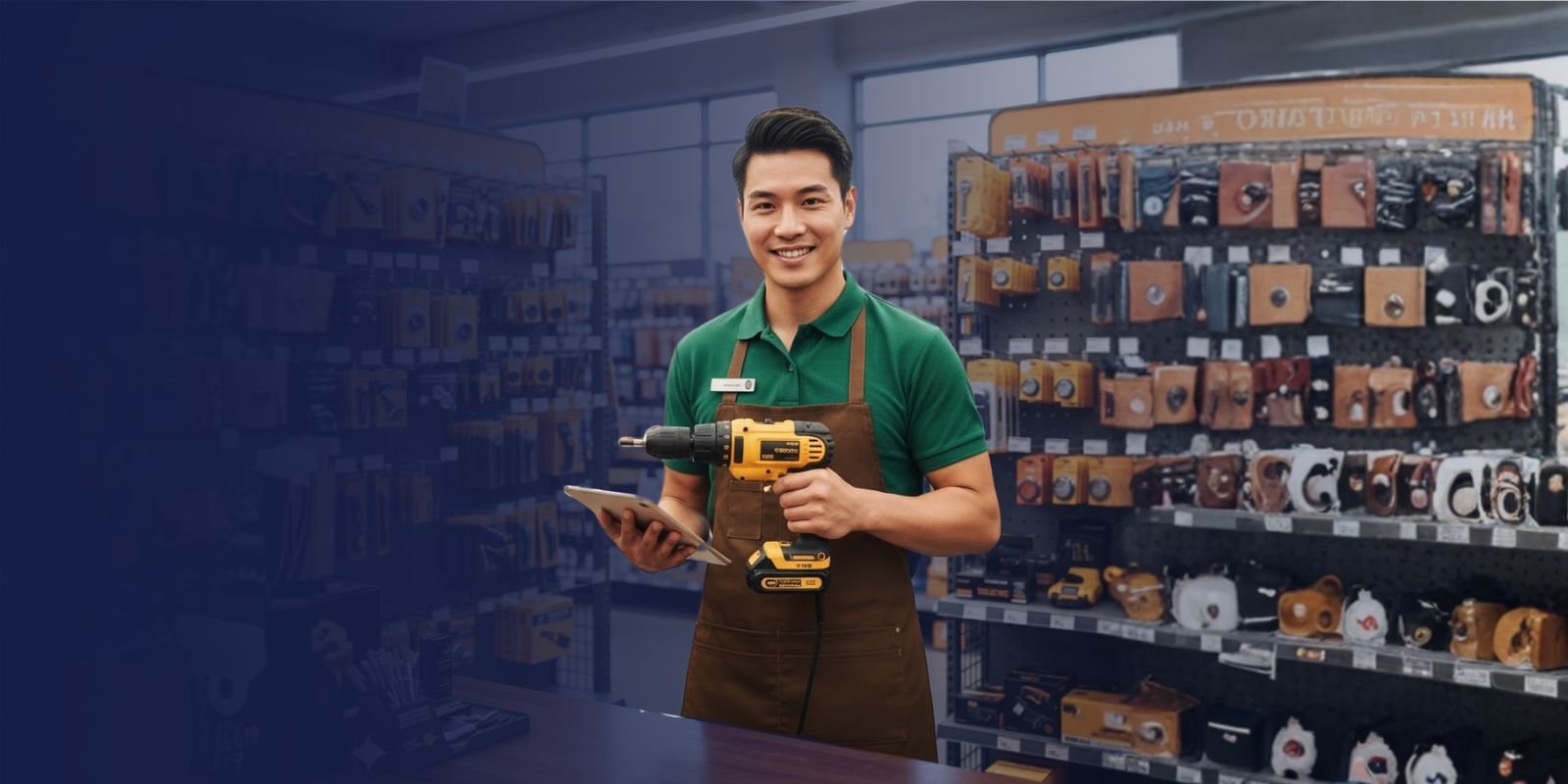 Asesor de ventas de Karrasa sosteniendo un taladro inalámbrico y una tablet, en un pasillo de ferretería con herramientas exhibidas.