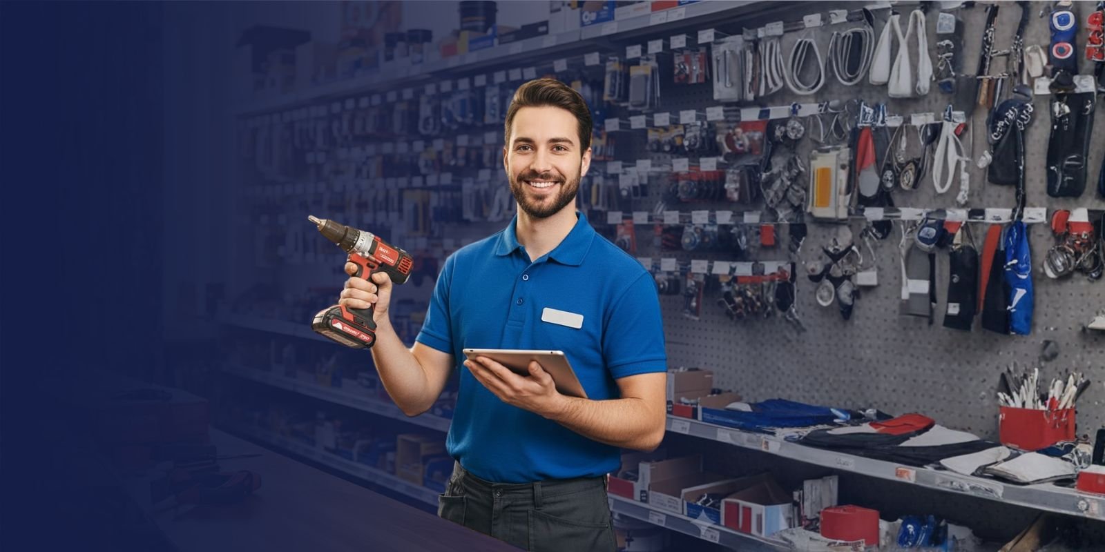 Asesor de Karrasa mostrando una esmeriladora angular y una tablet, promoviendo el combo de herramientas eléctricas inalámbricas para constructoras.